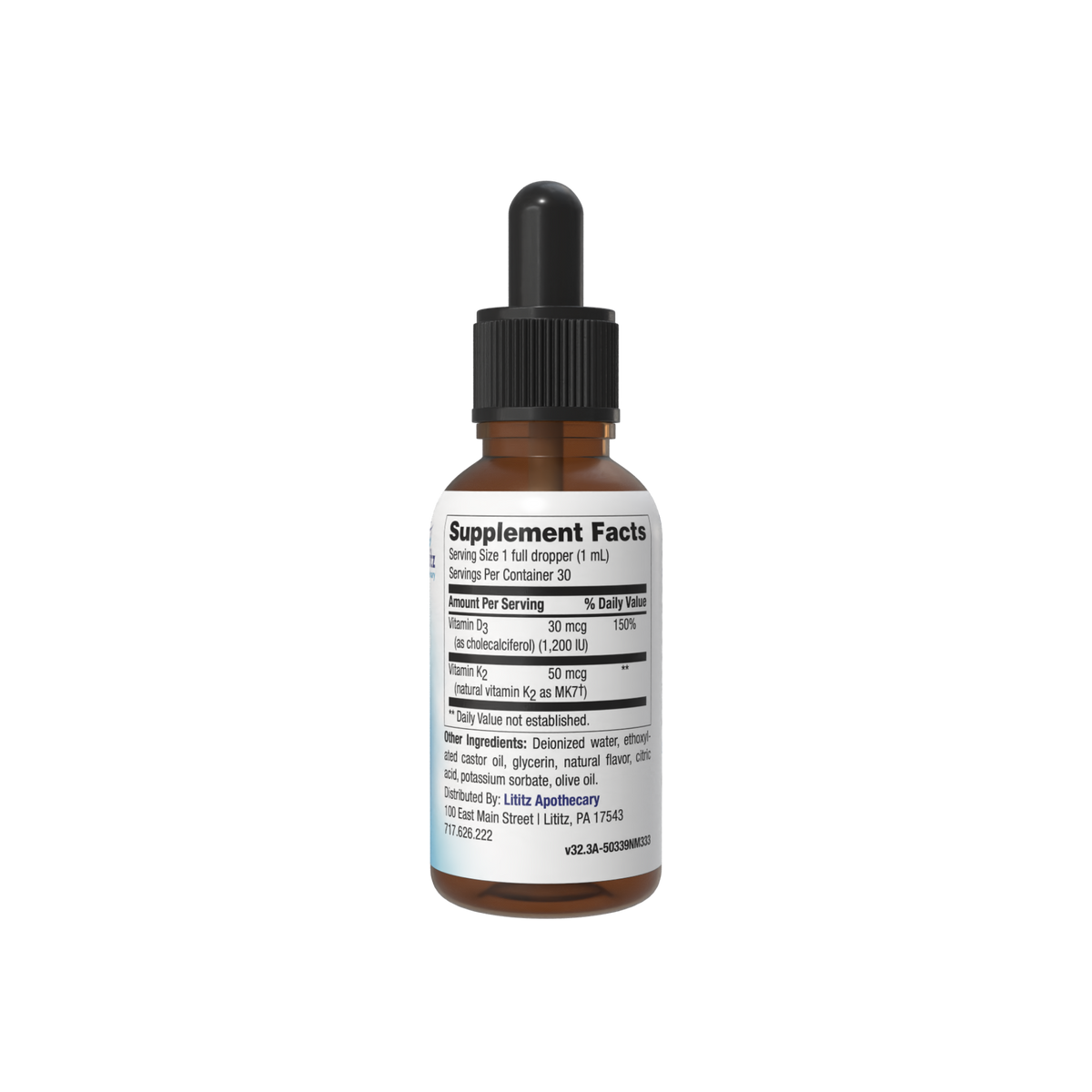 Back of the D3 + K2 Micellized D3 Liquid dropper bottle showing the Supplement Facts panel