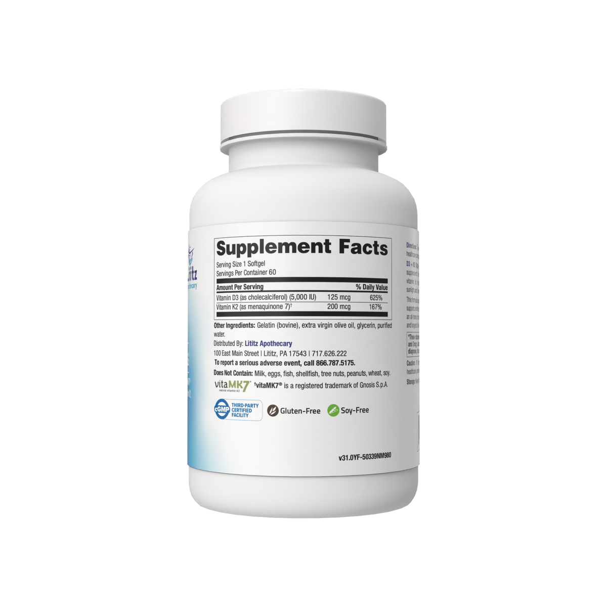 Back of the D3 + K2 Optimal bottle showing the Supplement Facts panel