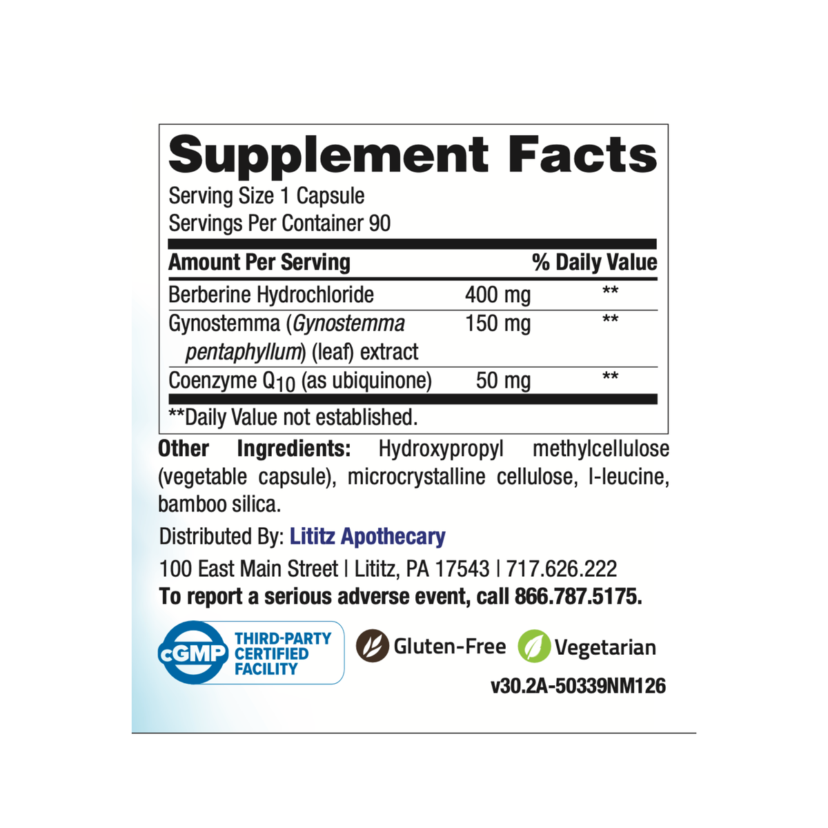 Berberine Plus Supplement Facts label: 400 mg berberine HCl, 150 mg Gynostemma and 50 mg CoQ10 per capsule