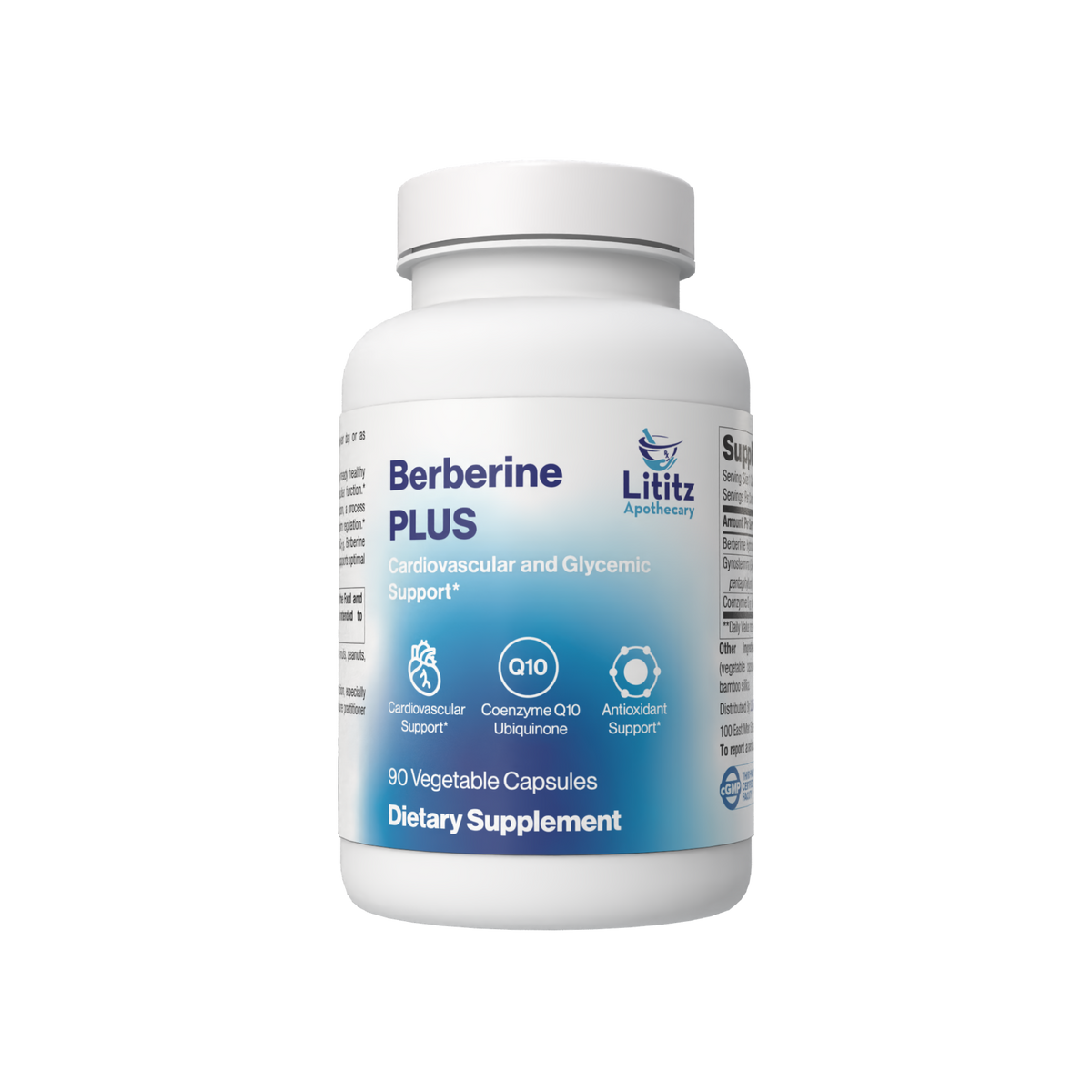 Berberine Plus dietary supplement bottle, 90 vegetable capsules, from Lititz Apothecary