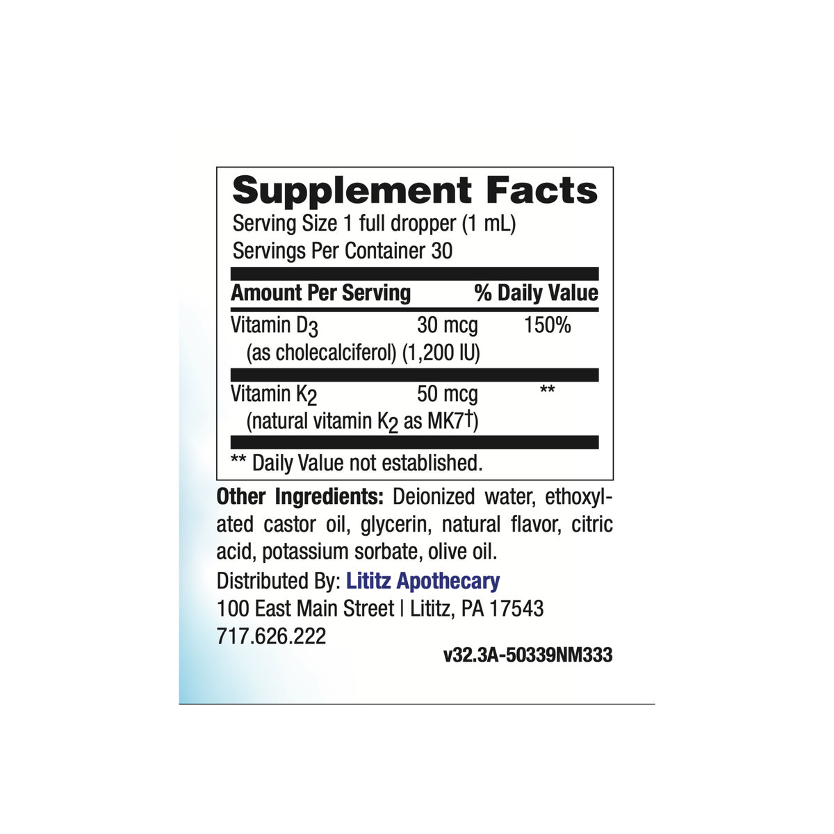 D3 + K2 Micellized D3 Liquid Supplement Facts label with serving size and vitamin D3 and K2 amounts