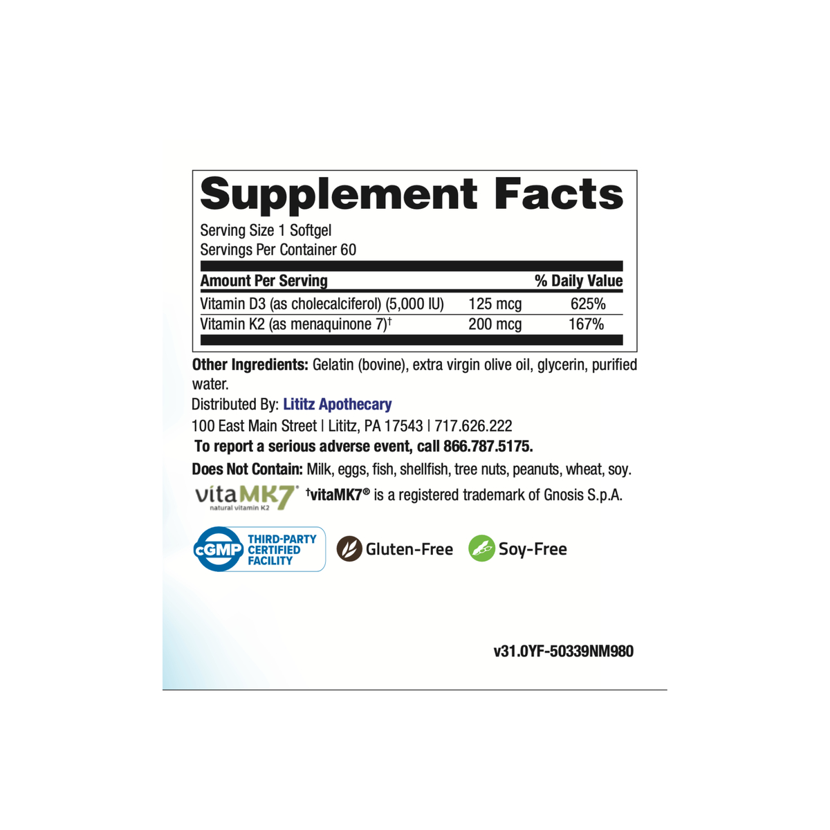 D3 + K2 Optimal Supplement Facts label: 125 mcg (5,000 IU) vitamin D3 and 200 mcg vitamin K2 per softgel