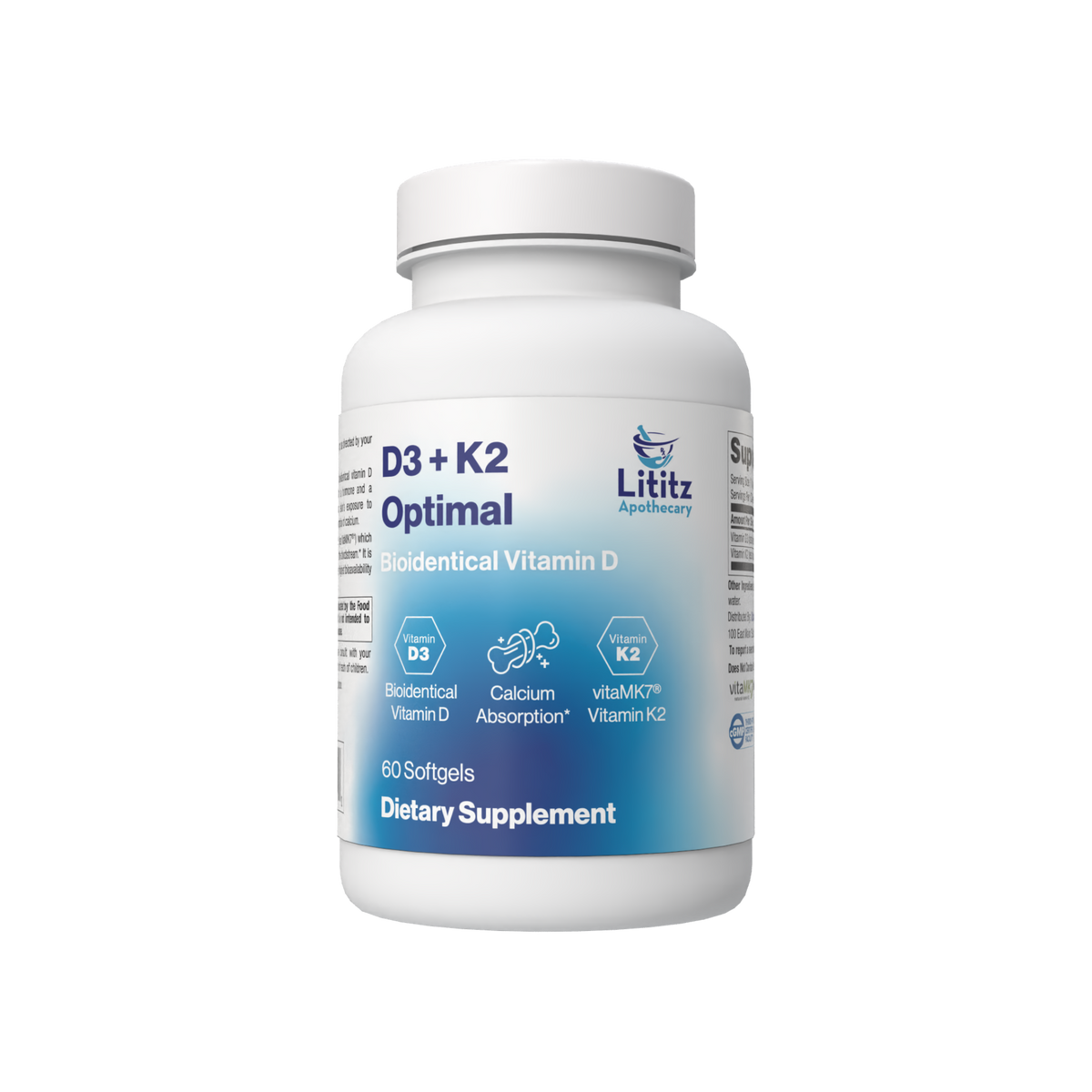 D3 + K2 Optimal dietary supplement bottle, 60 softgels, from Lititz Apothecary