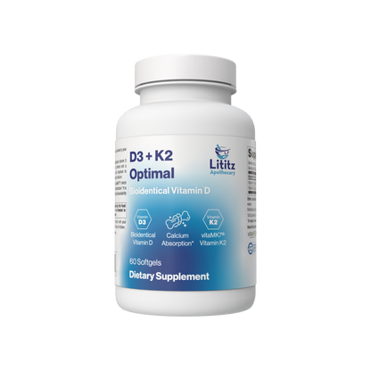 D3 + K2 Optimal dietary supplement bottle, 60 softgels, from Lititz Apothecary