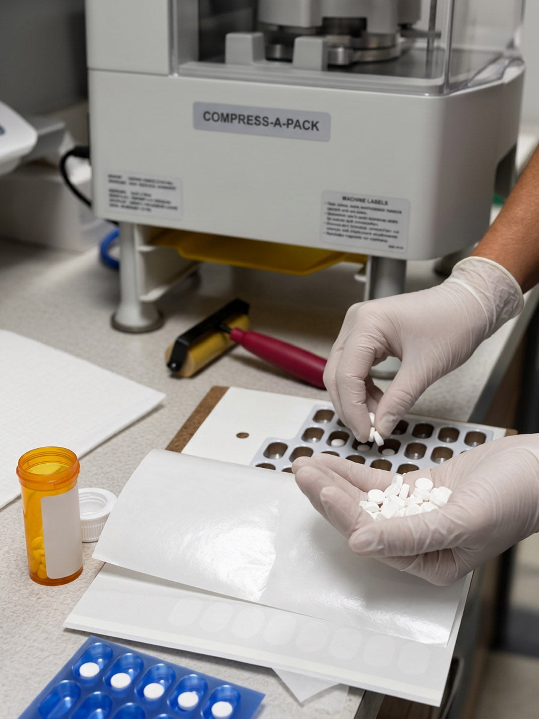 Gloved hands filling a blister card for medication packaging at Lititz Apothecary