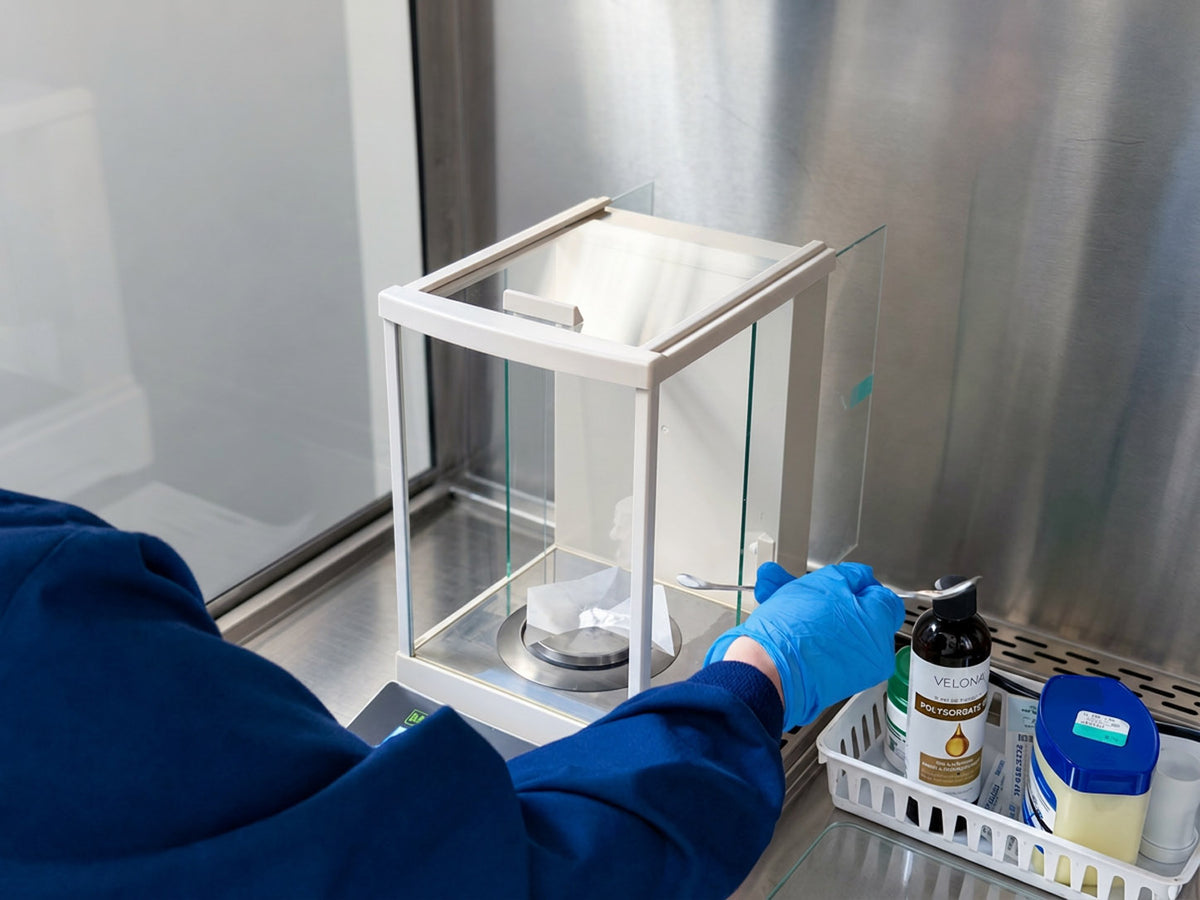 Lititz Apothecary pharmacist weighing an ingredient on an analytical balance in the compounding lab