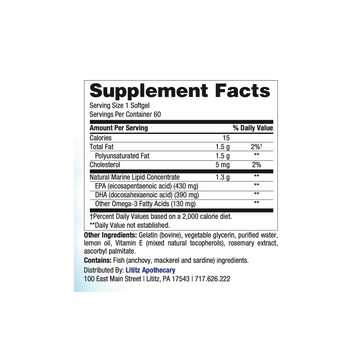 Omega Fish Oil 950 Supplement Facts label: 430 mg EPA and 390 mg DHA per softgel; contains fish