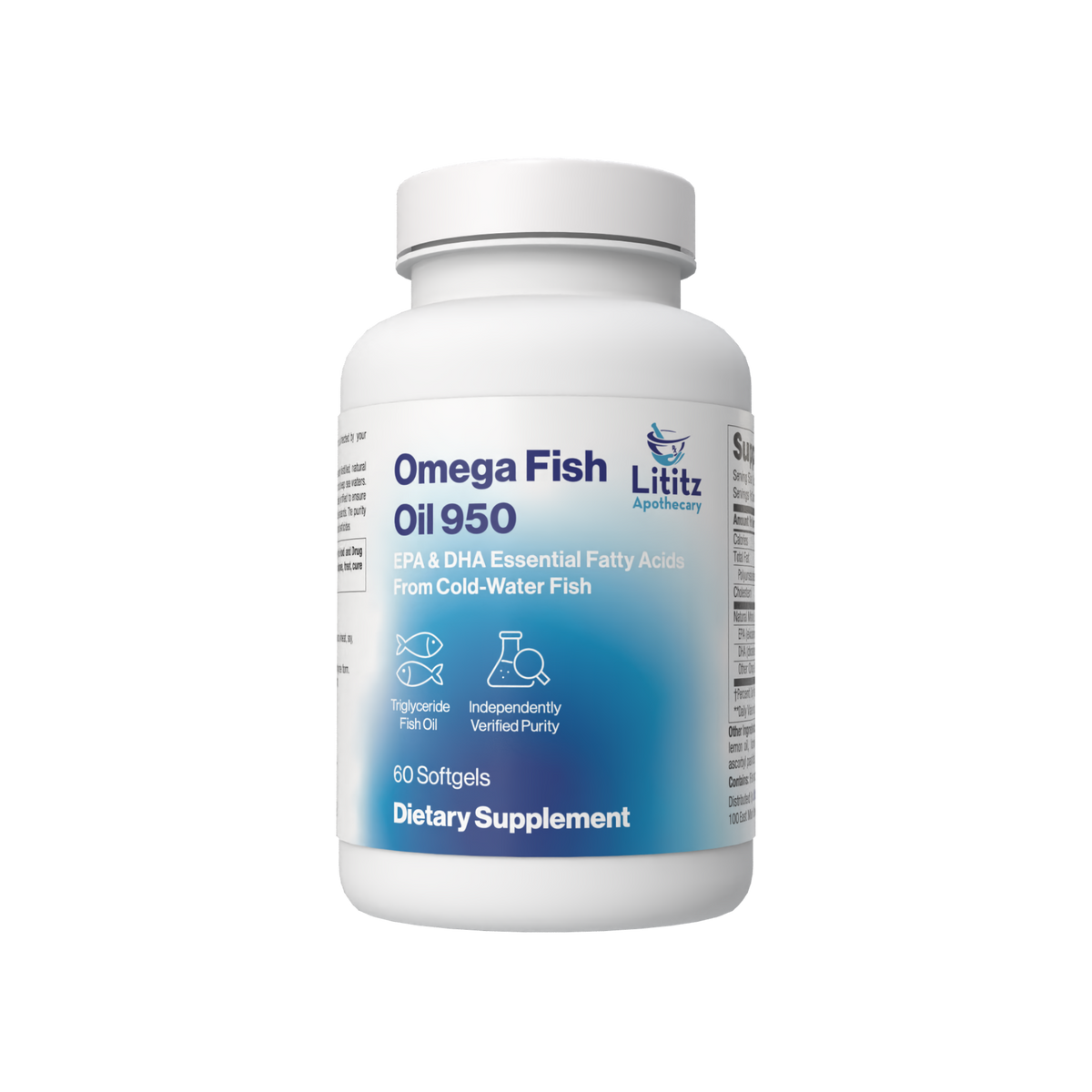 Omega Fish Oil 950 dietary supplement bottle, 60 softgels, from Lititz Apothecary