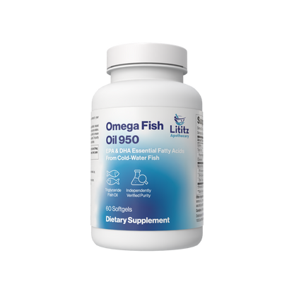 Omega Fish Oil 950 dietary supplement bottle, 60 softgels, from Lititz Apothecary