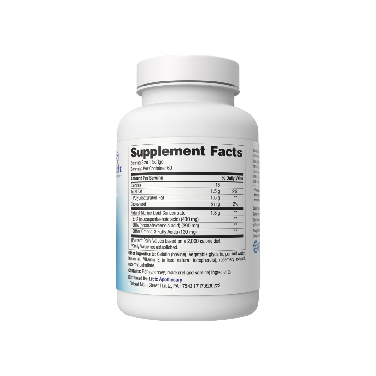 Back of the Omega Fish Oil 950 bottle showing the Supplement Facts panel
