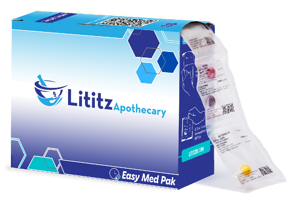 Easy Med Pak box with a strip of pre-sorted medication pouches