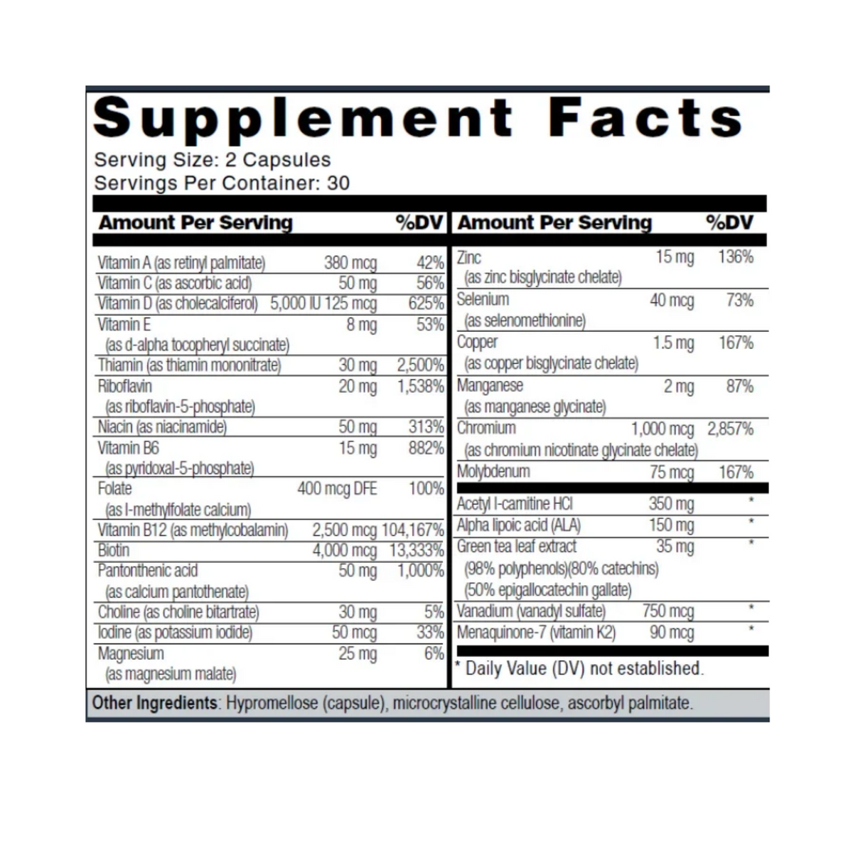 Power Multi Supplement Facts label: vitamins, minerals and other ingredients per 2-capsule serving, 30 servings per container