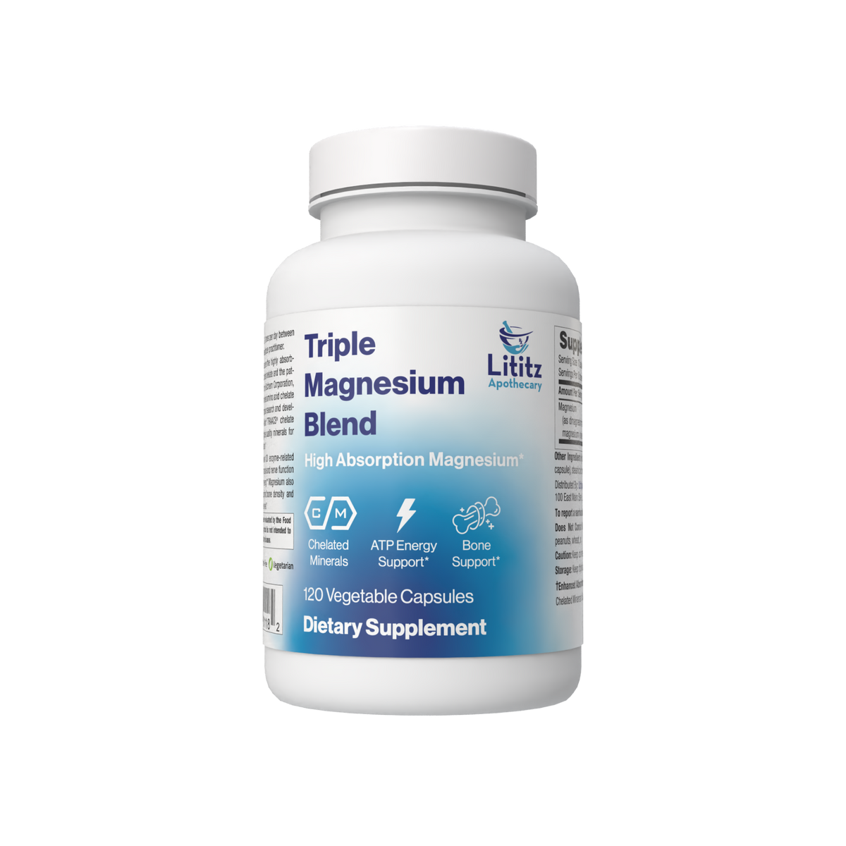 Triple Magnesium Blend dietary supplement bottle, 120 vegetable capsules, from Lititz Apothecary