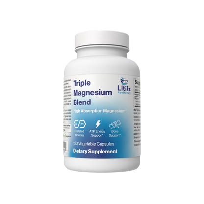 Triple Magnesium Blend dietary supplement bottle, 120 vegetable capsules, from Lititz Apothecary