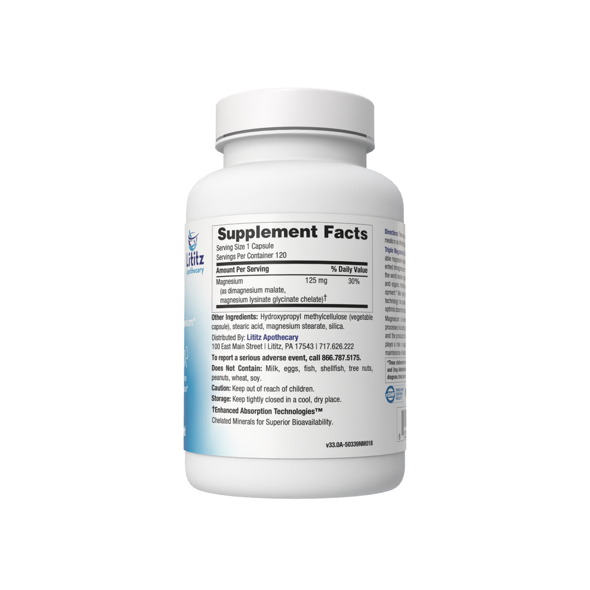 Back of the Triple Magnesium Blend bottle showing the Supplement Facts panel