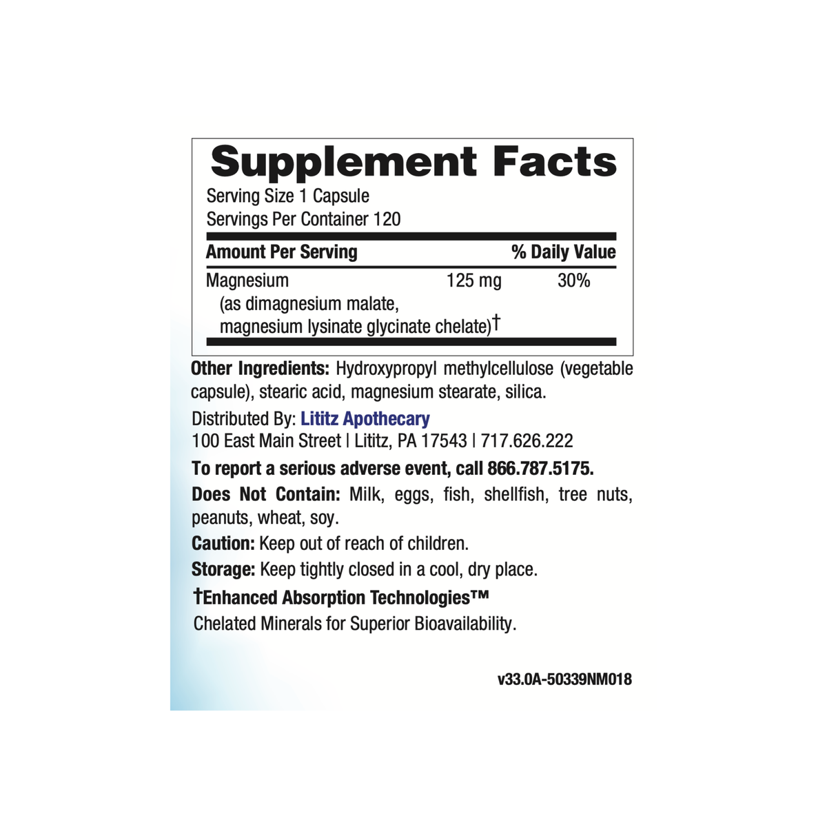 Triple Magnesium Blend Supplement Facts label: 125 mg magnesium per capsule as dimagnesium malate and magnesium lysinate glycinate chelate