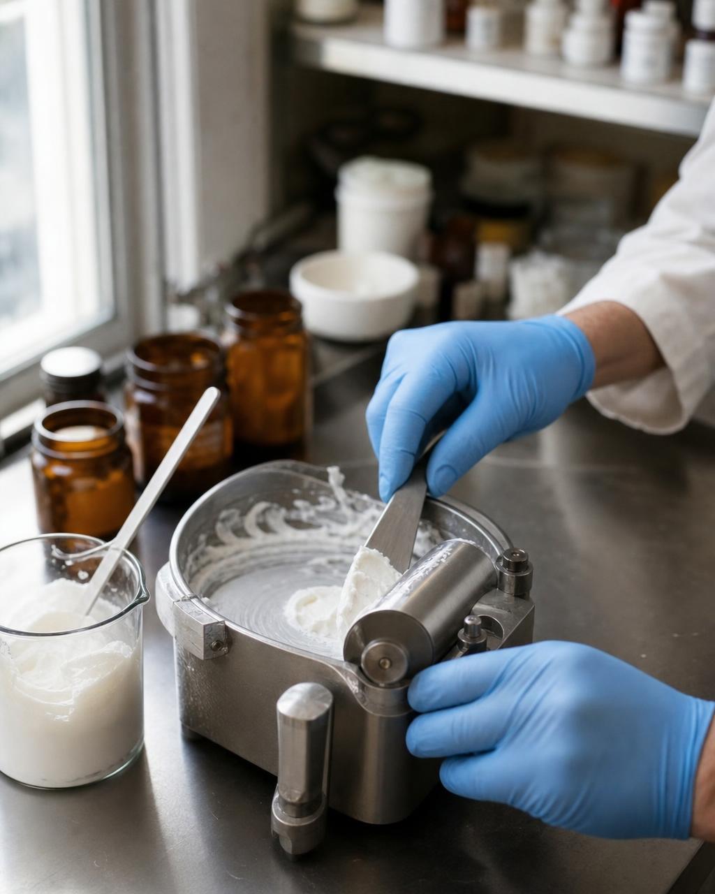 Gloved pharmacist preparing a compounded cream in the lab