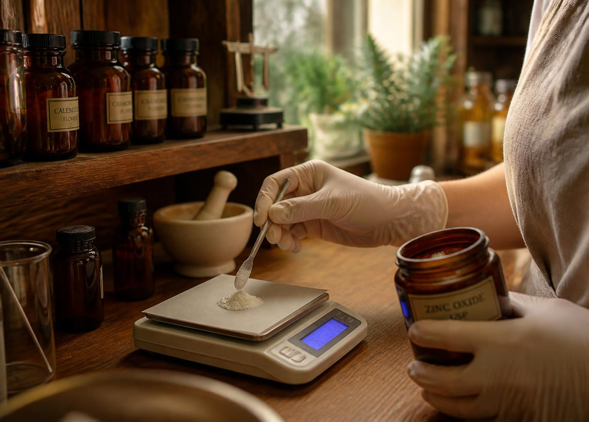 Gloved hands weighing an ingredient on a digital scale beside a mortar and pestle