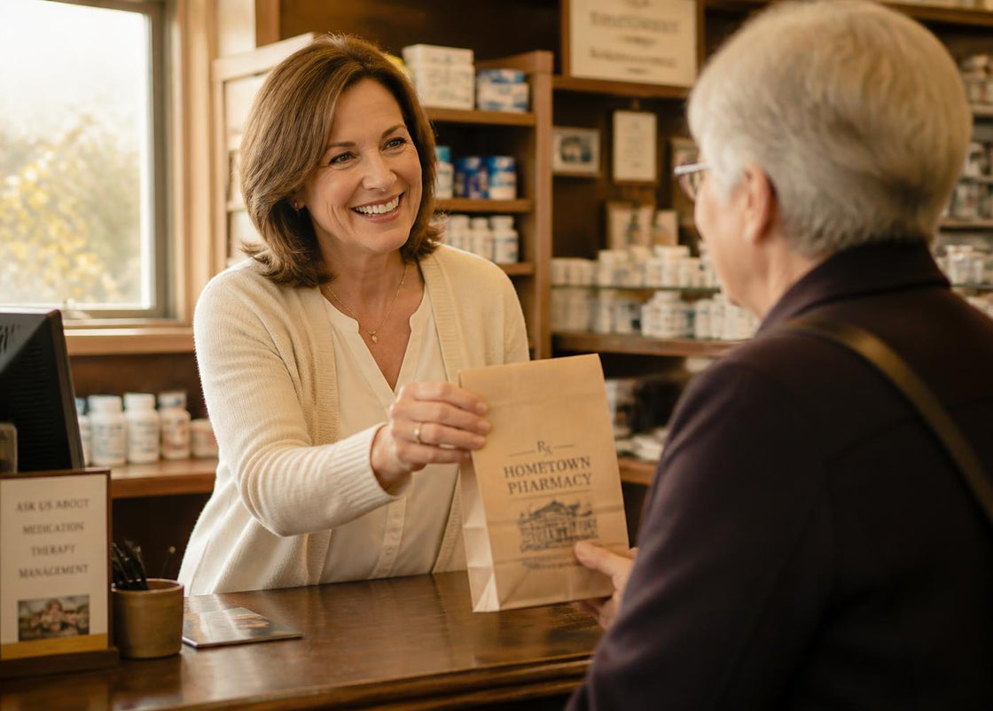 Pharmacy staff member handing a prescription bag to a customer at the counter