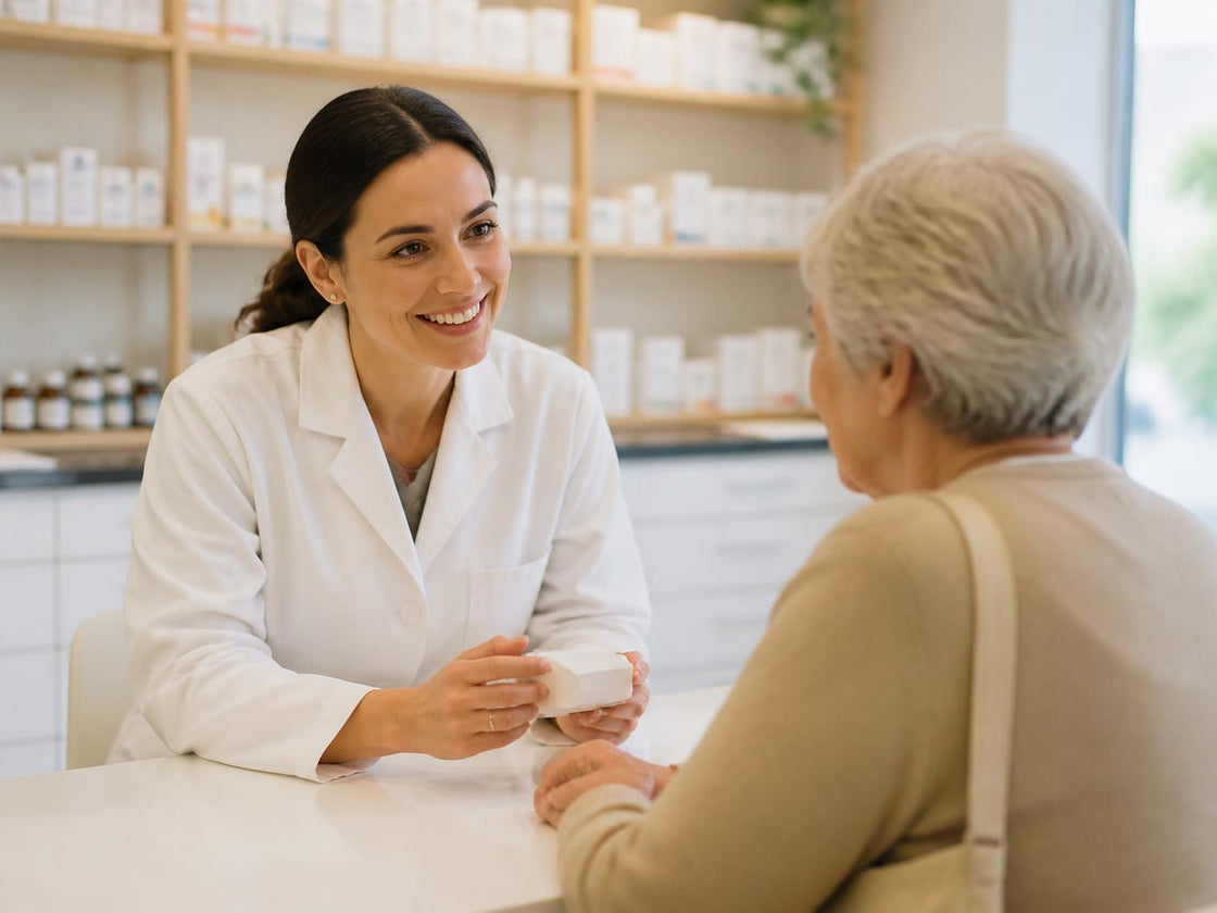 Pharmacist consulting with an older patient at a pharmacy table